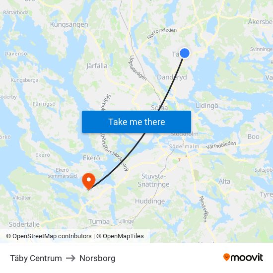 Täby Centrum to Norsborg map