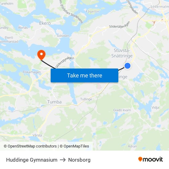 Huddinge Gymnasium to Norsborg map