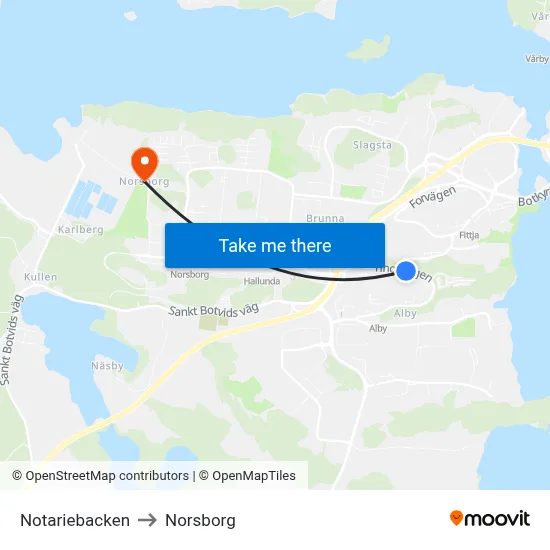 Notariebacken to Norsborg map