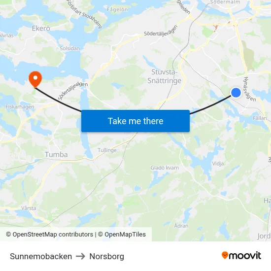 Sunnemobacken to Norsborg map