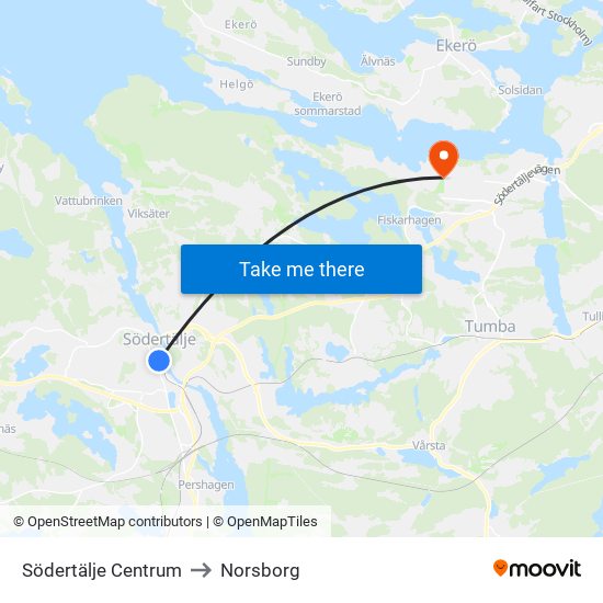 Södertälje Centrum to Norsborg map