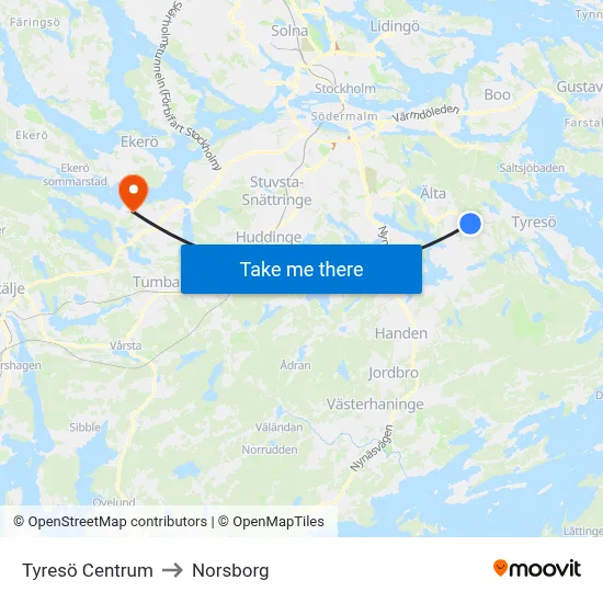 Tyresö Centrum to Norsborg map