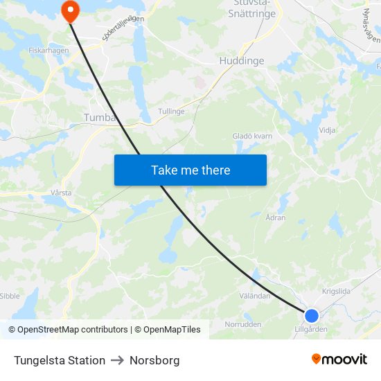 Tungelsta Station to Norsborg map