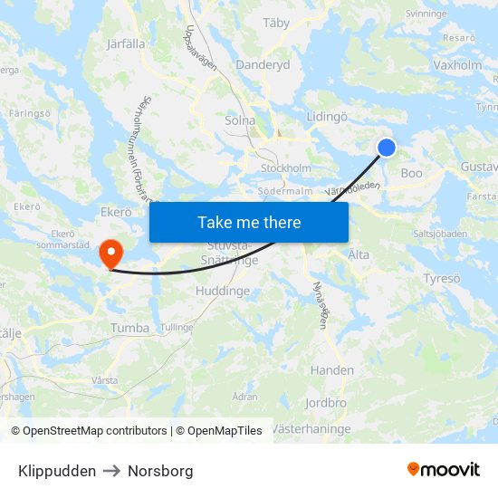 Klippudden to Norsborg map