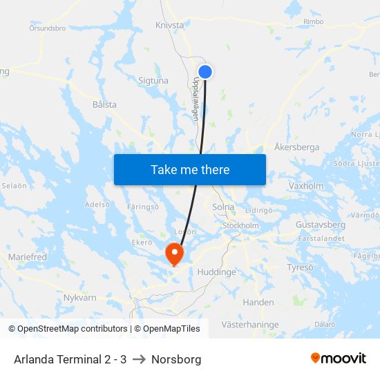 Arlanda Terminal 2 - 3 to Norsborg map