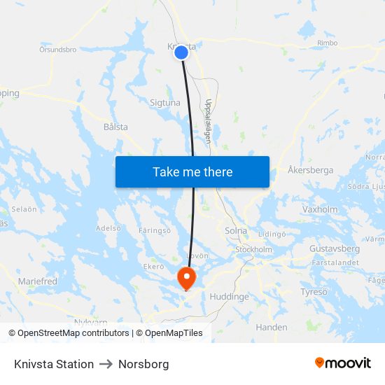 Knivsta Station to Norsborg map