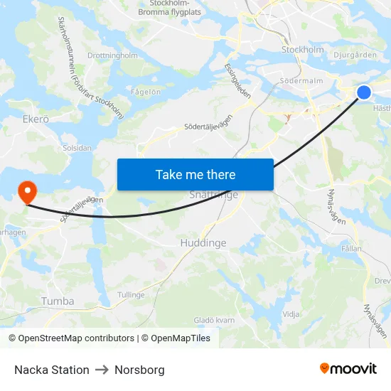 Nacka Station to Norsborg map