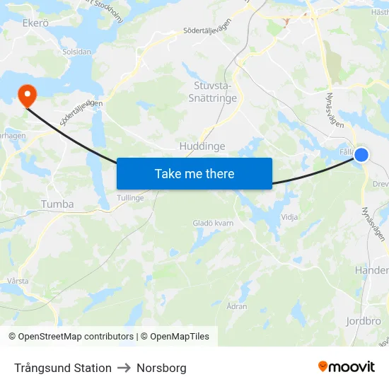 Trångsund Station to Norsborg map