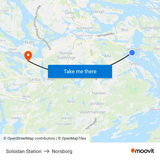 Solsidan Station to Norsborg map
