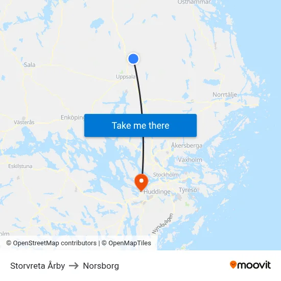 Storvreta Årby to Norsborg map