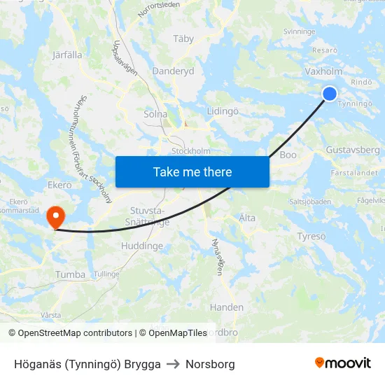 Höganäs (Tynningö) Brygga to Norsborg map