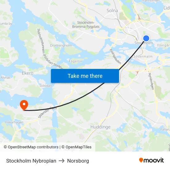 Stockholm Nybroplan to Norsborg map