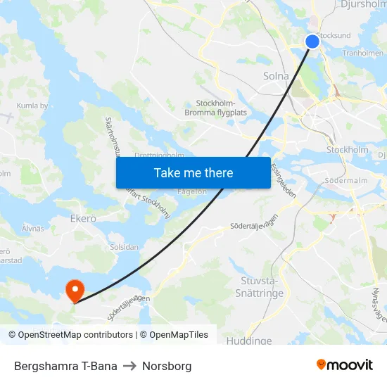 Bergshamra T-Bana to Norsborg map