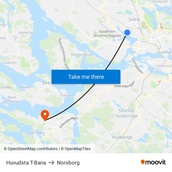 Huvudsta T-Bana to Norsborg map