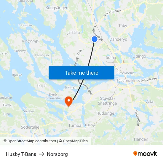 Husby T-Bana to Norsborg map