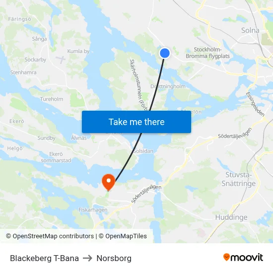 Blackeberg T-Bana to Norsborg map