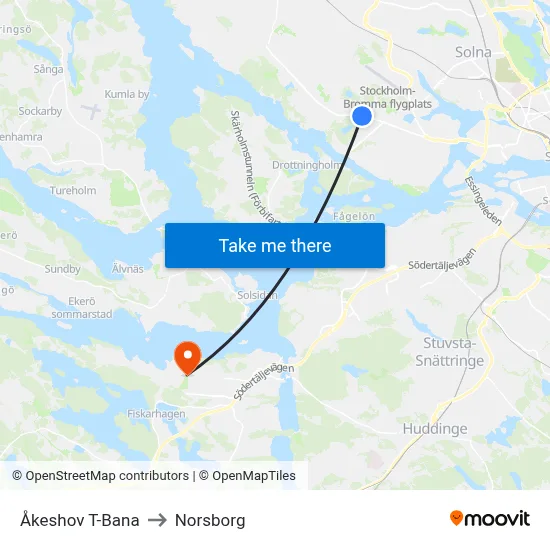 Åkeshov T-Bana to Norsborg map