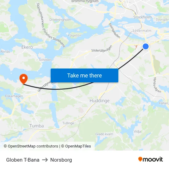 Globen T-Bana to Norsborg map