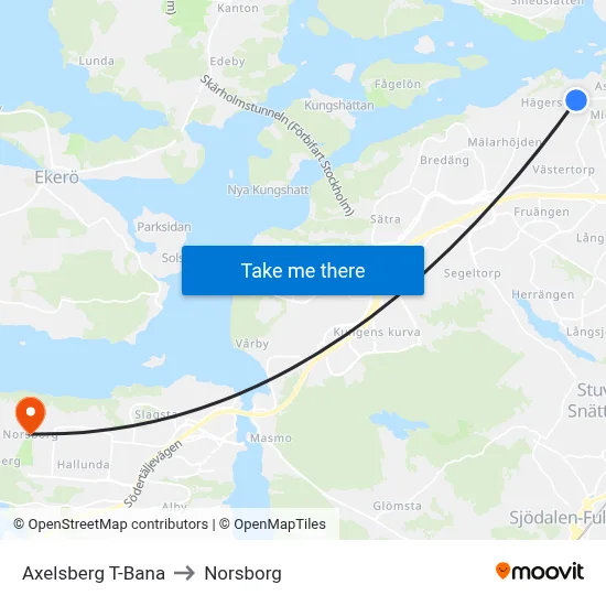 Axelsberg T-Bana to Norsborg map