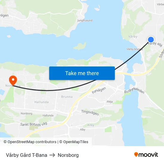 Vårby Gård T-Bana to Norsborg map