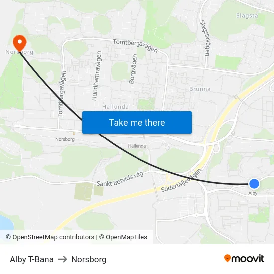 Alby T-Bana to Norsborg map