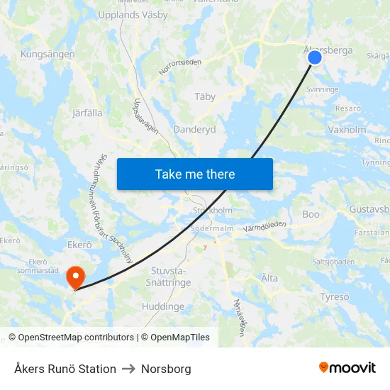 Åkers Runö Station to Norsborg map