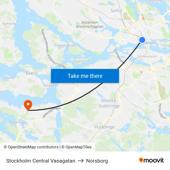 Stockholm Central Vasagatan to Norsborg map