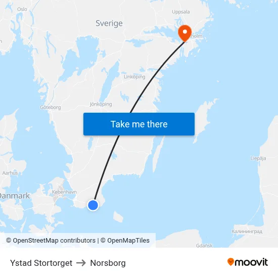 Ystad Stortorget to Norsborg map