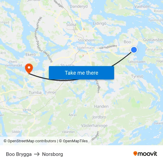 Boo Brygga to Norsborg map