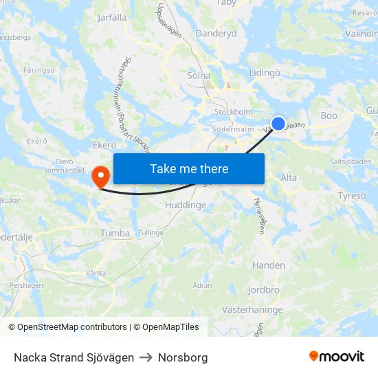 Nacka Strand Sjövägen to Norsborg map