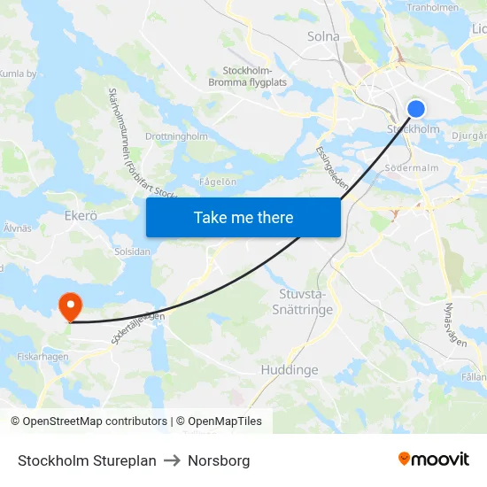 Stockholm Stureplan to Norsborg map