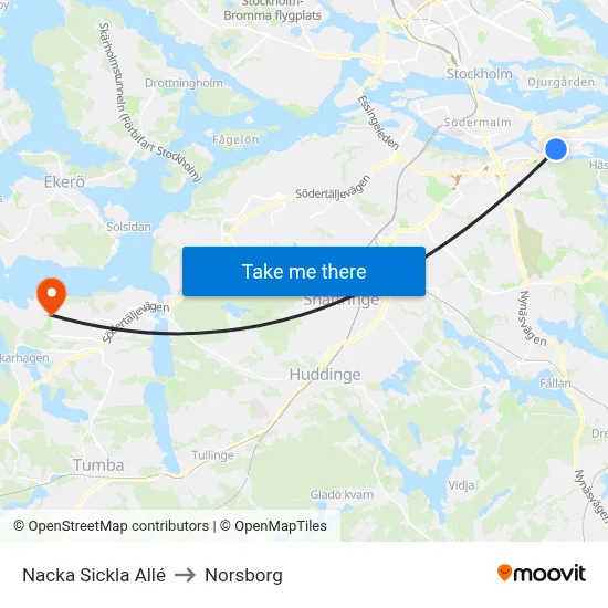 Nacka Sickla Allé to Norsborg map