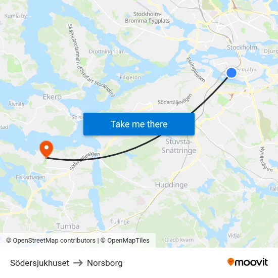 Södersjukhuset to Norsborg map