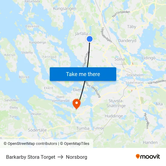 Barkarby Stora Torget to Norsborg map