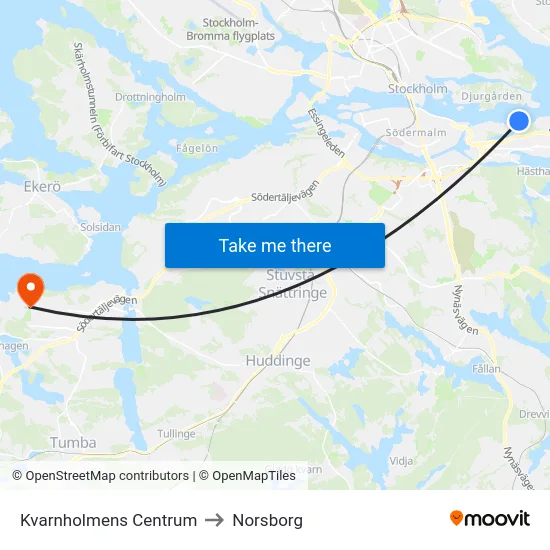 Kvarnholmens Centrum to Norsborg map