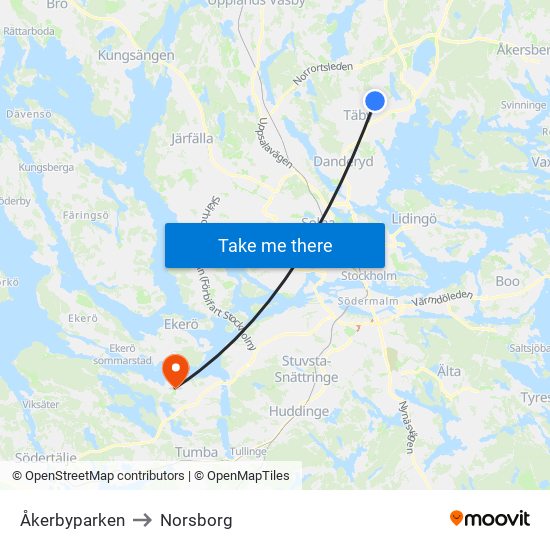 Åkerbyparken to Norsborg map