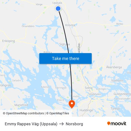 Emmy Rappes Väg (Uppsala) to Norsborg map