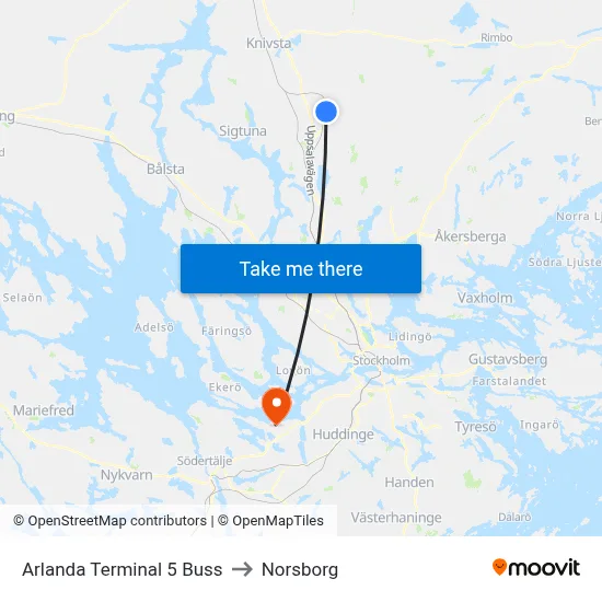 Arlanda Terminal 5 Buss to Norsborg map