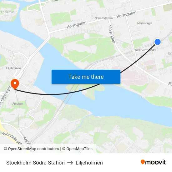 Stockholm Södra Station to Liljeholmen map
