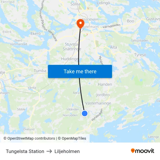 Tungelsta Station to Liljeholmen map