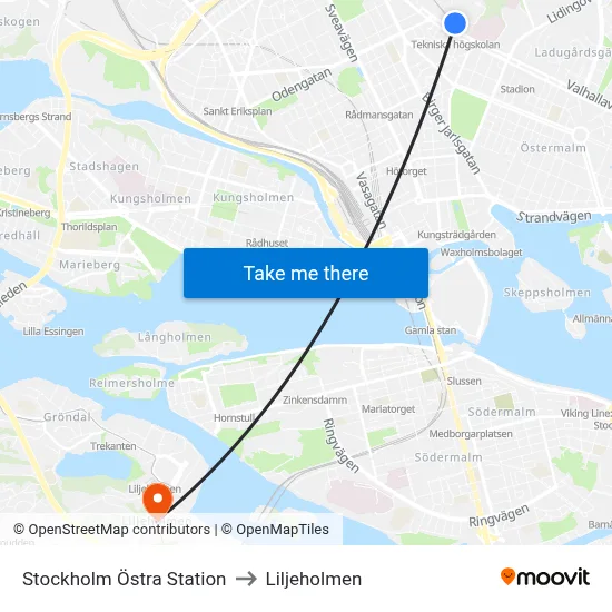 Stockholm Östra Station to Liljeholmen map