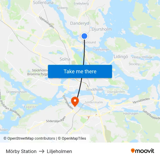 Mörby Station to Liljeholmen map