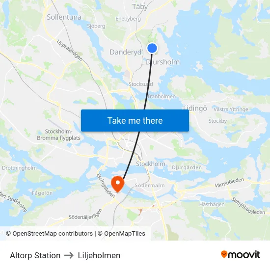 Altorp Station to Liljeholmen map