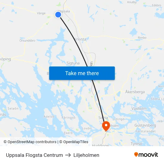 Uppsala Flogsta Centrum to Liljeholmen map
