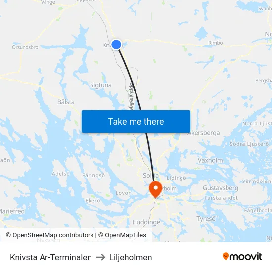 Knivsta Ar-Terminalen to Liljeholmen map