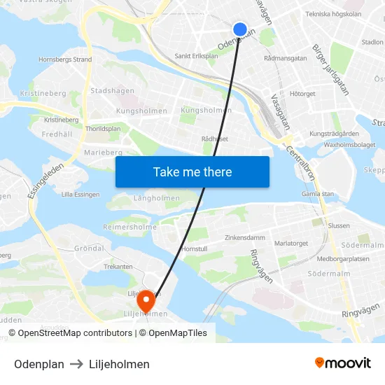 Odenplan to Liljeholmen map