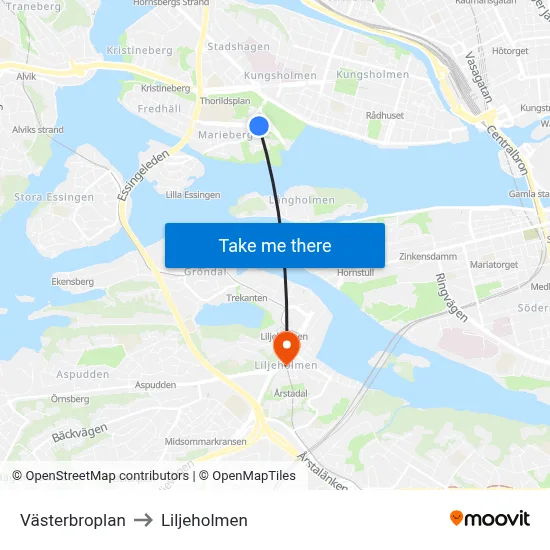 Västerbroplan to Liljeholmen map