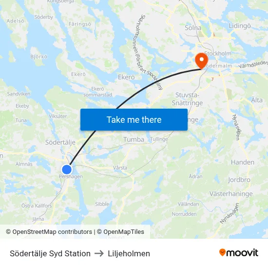 Södertälje Syd Station to Liljeholmen map