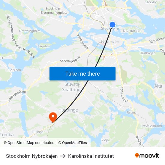 Stockholm Nybrokajen to Karolinska Institutet map