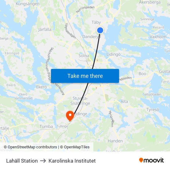 Lahäll Station to Karolinska Institutet map